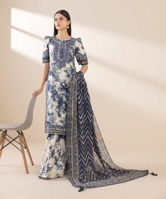 Sapphire-inspired luxury lawn suit with embroidery, chiffon dupatta & cotton trouser