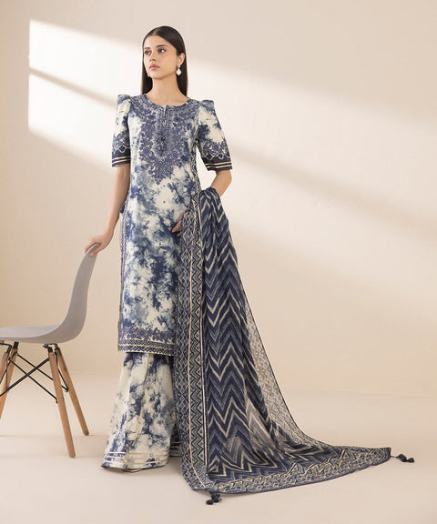 Sapphire-inspired luxury lawn suit with embroidery, chiffon dupatta & cotton trouser
