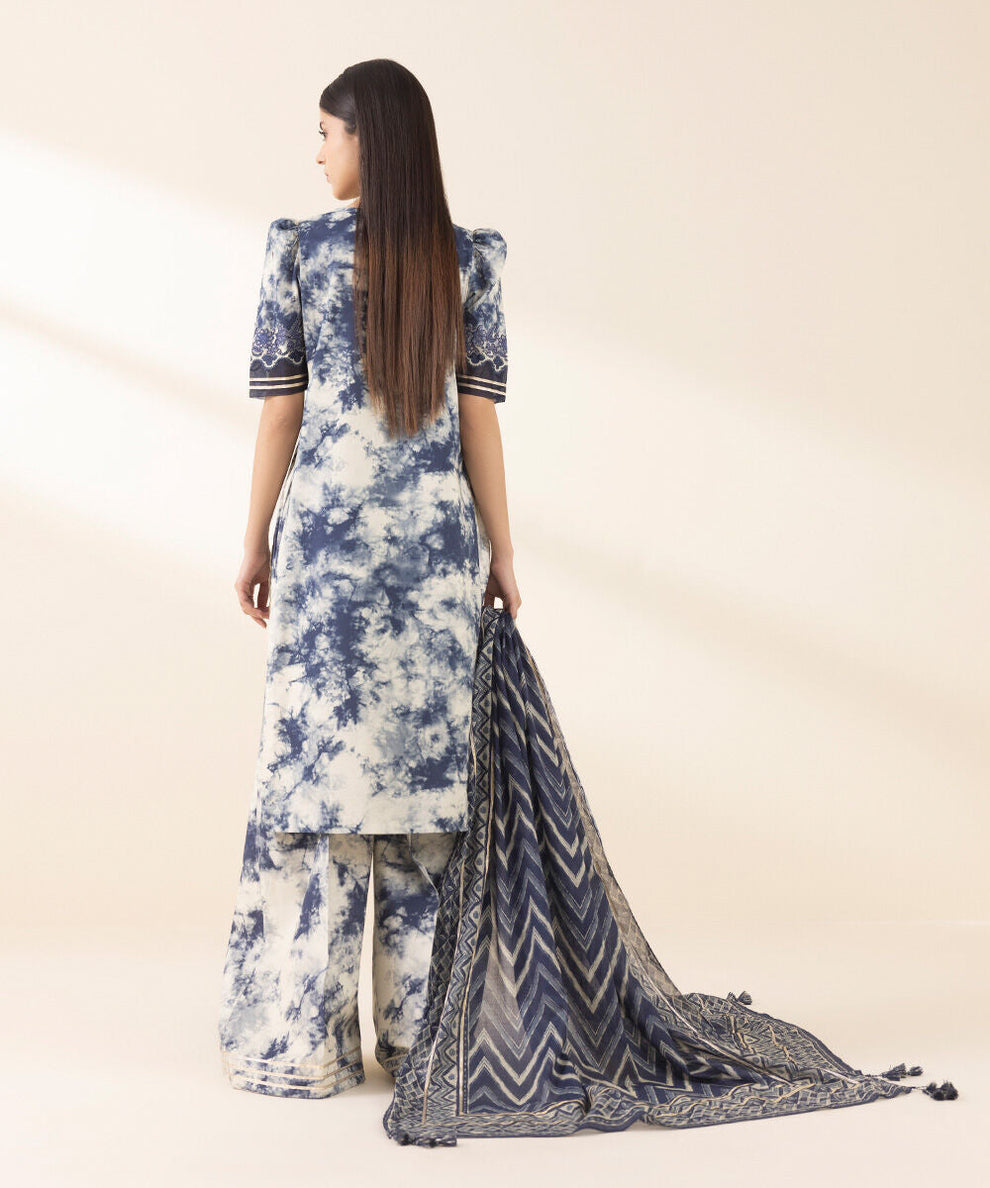 Sapphire-inspired luxury lawn suit with embroidery, chiffon dupatta & cotton trouser
