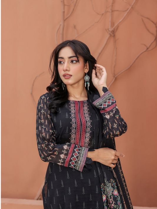 BinNoor Fab digital printed lawn 3pc suit (De-LA19-P30189) with airjet shirt & dupatta, cotton shutleless trouser – Rs. 3,350/-