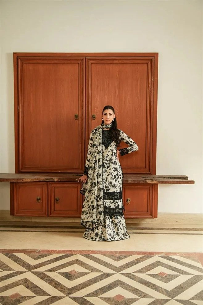 Afsheen printed dhanak suit with trouser, dupatta, embroidered patches, sleeves and neckline patti