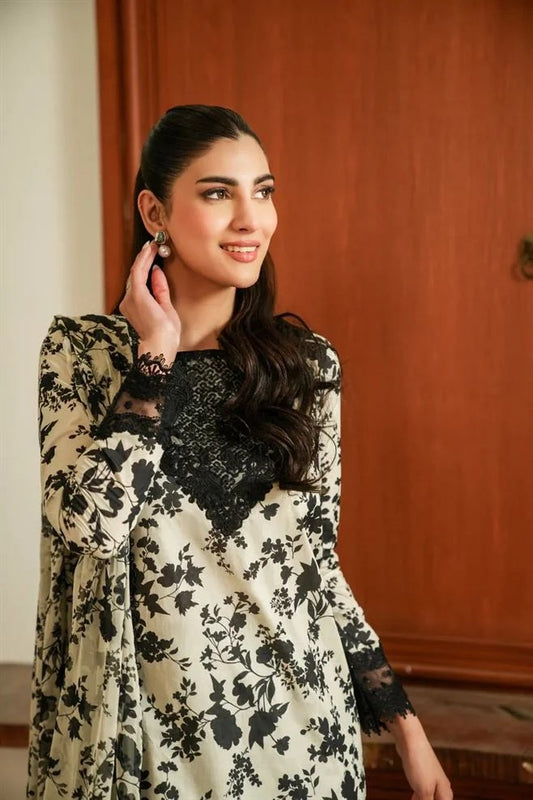 Afsheen printed dhanak suit with trouser, dupatta, embroidered patches, sleeves and neckline patti