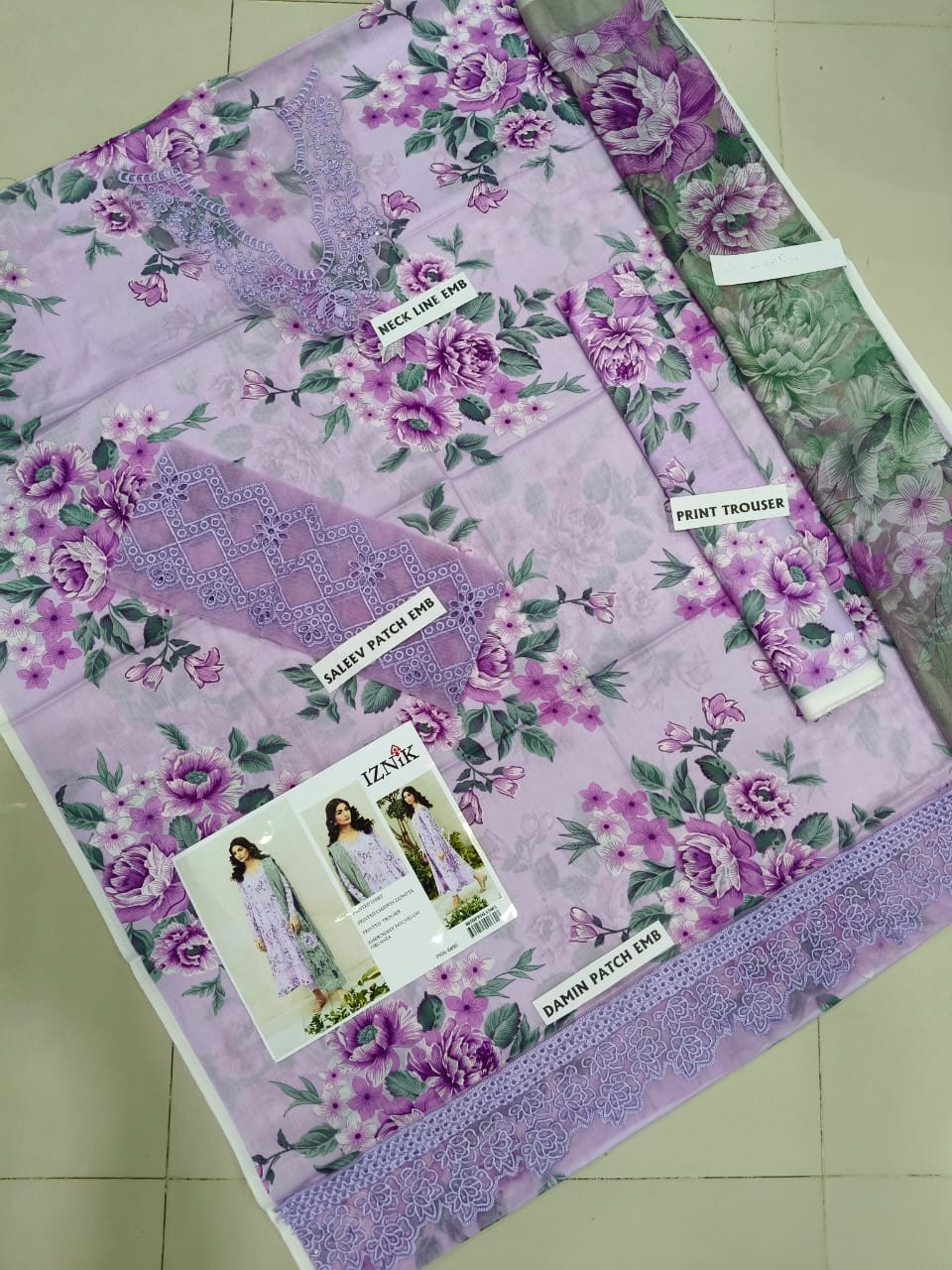 Maria B Dhanak 3PC suit with printed dhanak shirt, dupatta, trouser, and embroidered patches on organza