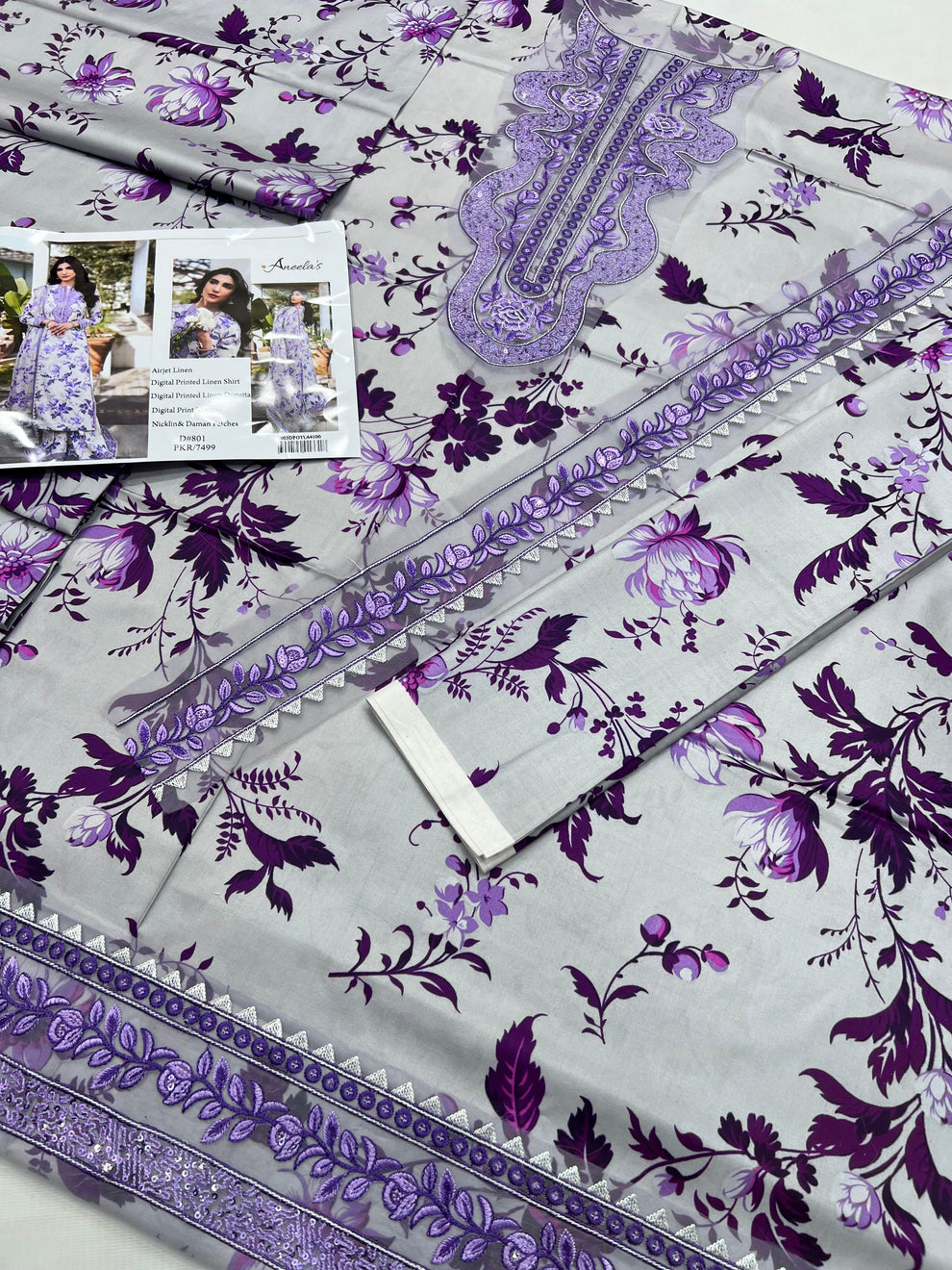 Aneela's Collection MidSeason Embroidered & Digital Printed Linen 3Pc Suit with Dupatta