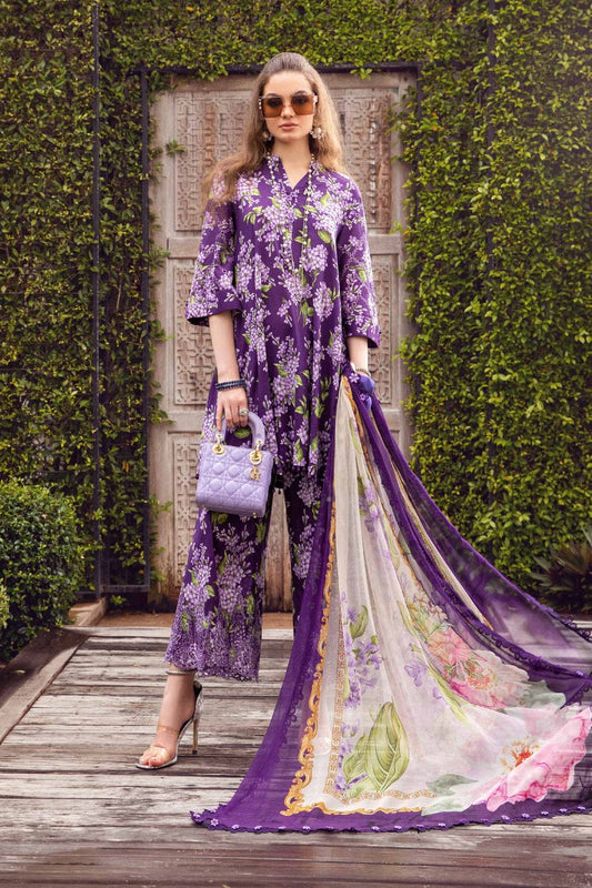 M Prints by Maria B unstitched 3-piece suit MB 10A with digital printed front, back, sleeves, chiffon dupatta, and trouser