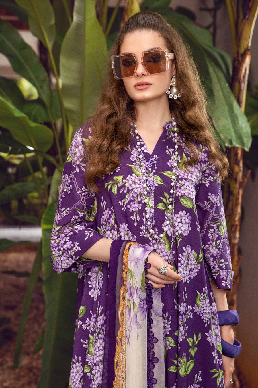 M Prints by Maria B unstitched 3-piece suit MB 10A with digital printed front, back, sleeves, chiffon dupatta, and trouser