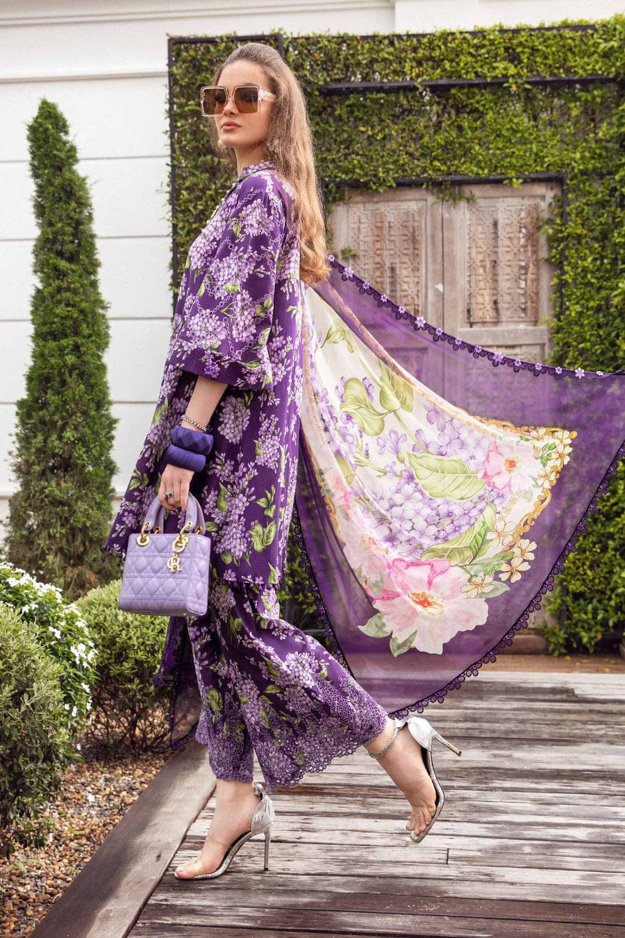 M Prints by Maria B unstitched 3-piece suit MB 10A with digital printed front, back, sleeves, chiffon dupatta, and trouser