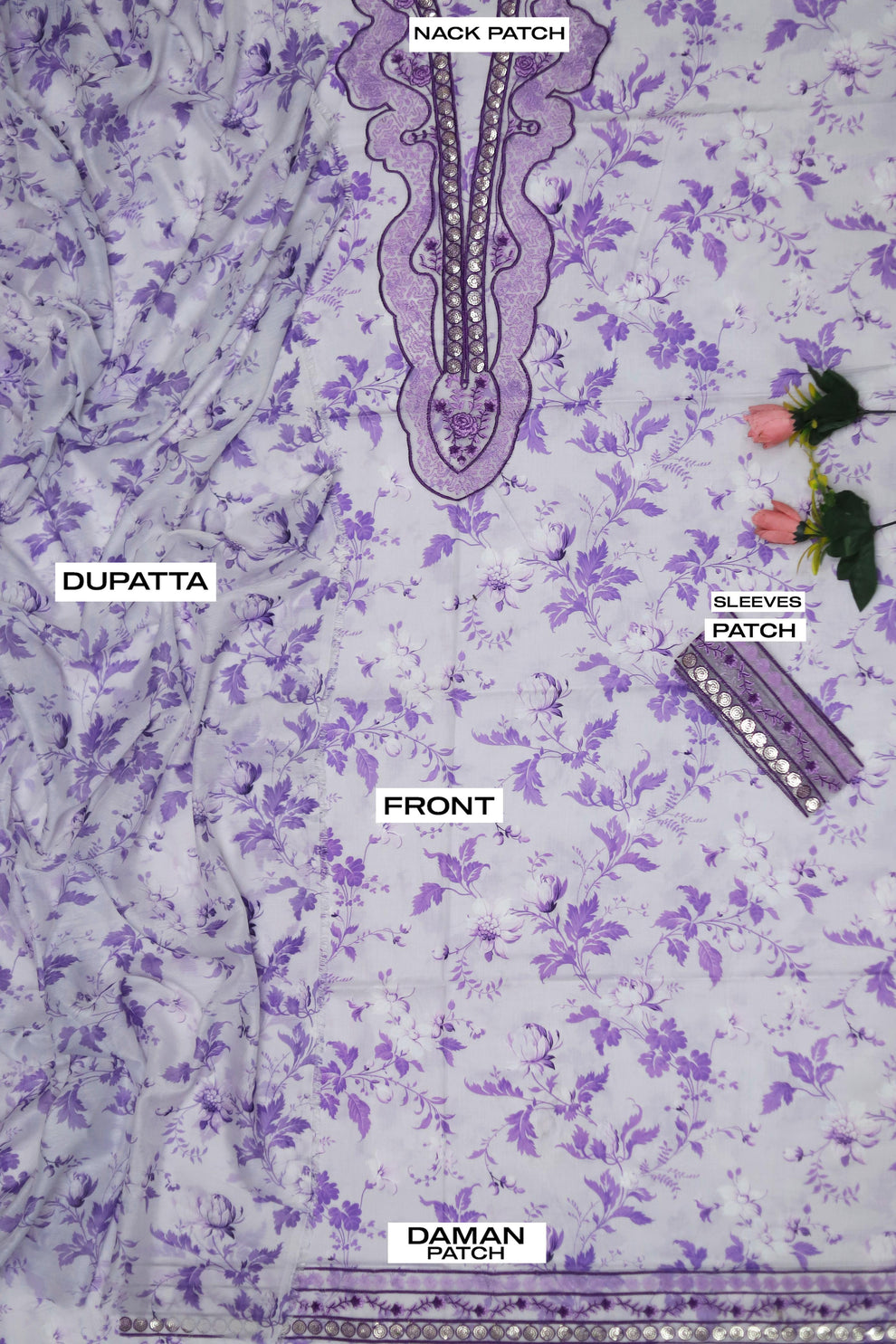 Shafoon patched 3-piece lawn suit with embroidered details and Swiss voile dupatta.