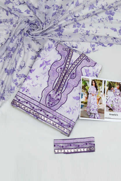 Shafoon patched 3-piece lawn suit with embroidered details and Swiss voile dupatta.