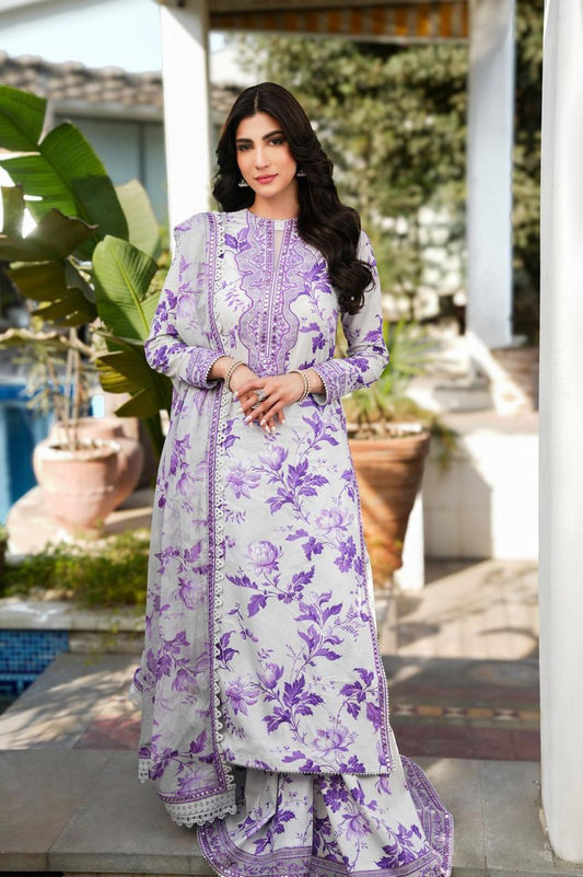 Shafoon patched 3-piece lawn suit with embroidered details and Swiss voile dupatta.