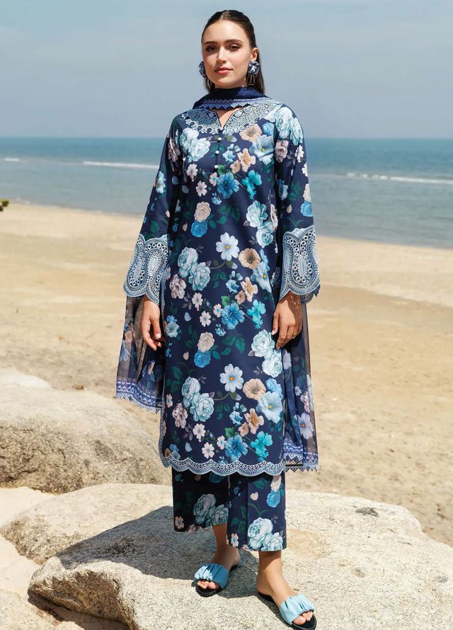 Farasha Aurea replica – embroidered lawn 3pc suit with organza borders, digital printed shirt & trouser, and chiffon dupatta – Rs. 3,950/-