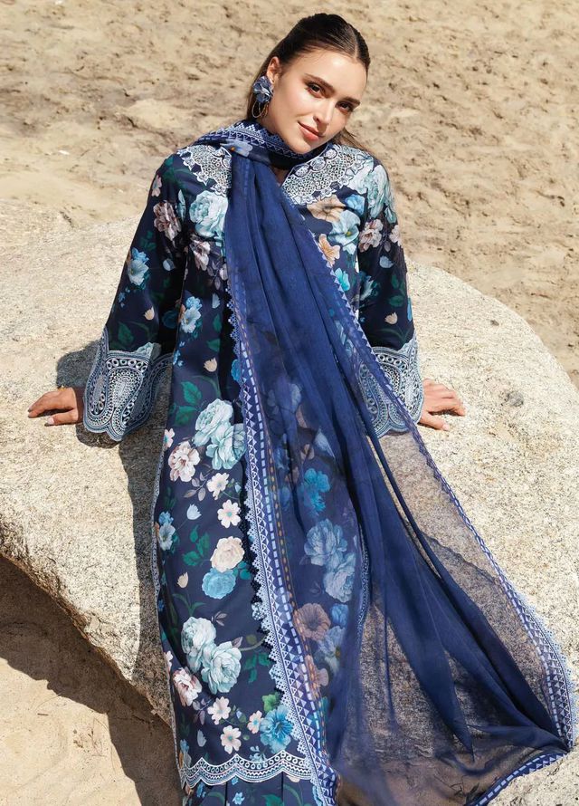 Farasha Aurea replica – embroidered lawn 3pc suit with organza borders, digital printed shirt & trouser, and chiffon dupatta – Rs. 3,950/-