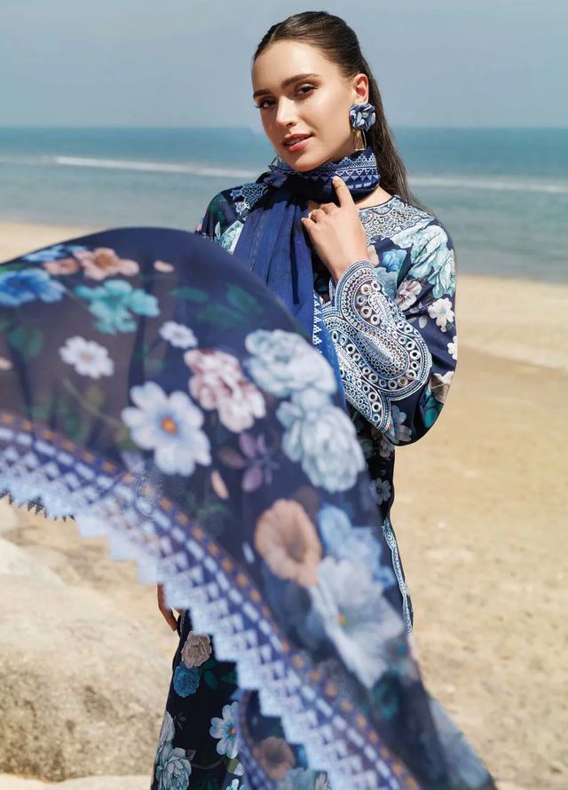 Farasha Aurea replica – embroidered lawn 3pc suit with organza borders, digital printed shirt & trouser, and chiffon dupatta – Rs. 3,950/-