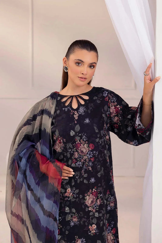 Maria B style chikankari lawn suit with printed chiffon dupatta and embroidered patches.