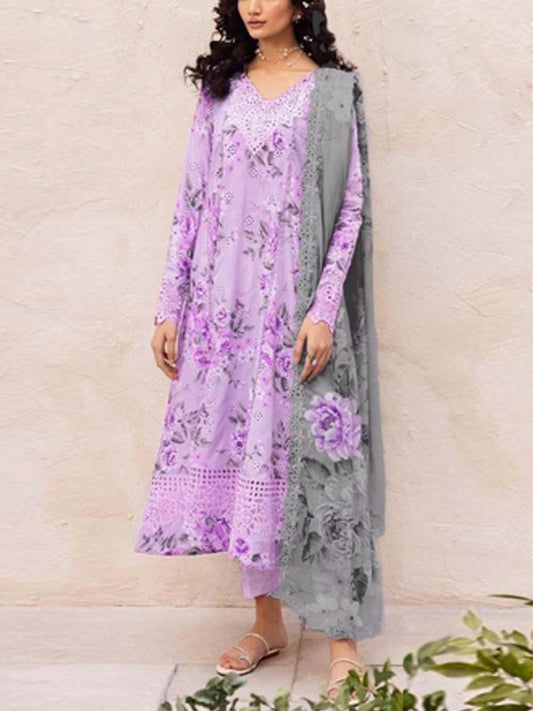 Maria B Dhanak 3PC suit with printed dhanak shirt, dupatta, trouser, and embroidered patches on organza