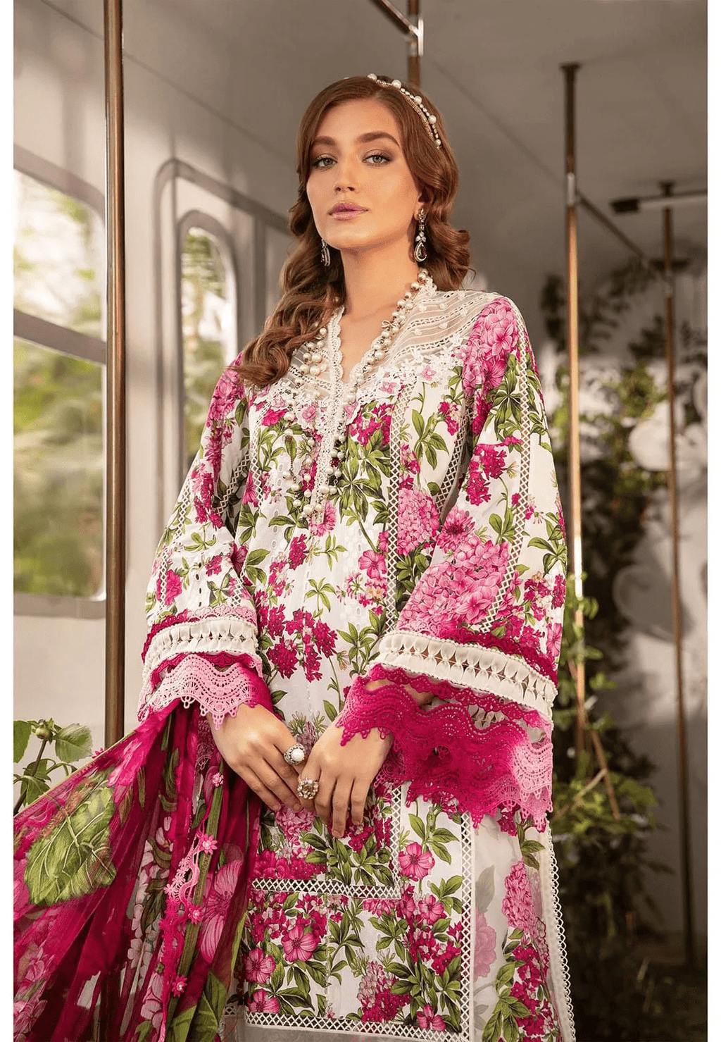 Maria B white and pink embroidered 3PC organza suit with elegant festive design.