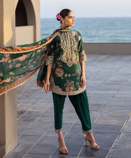 Maria B Dhanak 3PC suit with printed dhanak shirt, dupatta, trouser, and embroidered patches on organza