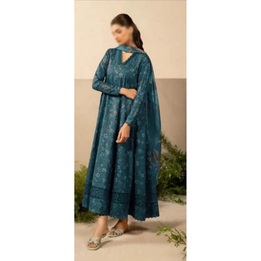Iznik Dhanak 3PC suit with printed dhanak shirt, trouser, dupatta, embroidered daman patch, sleeve patti, and neckline patch