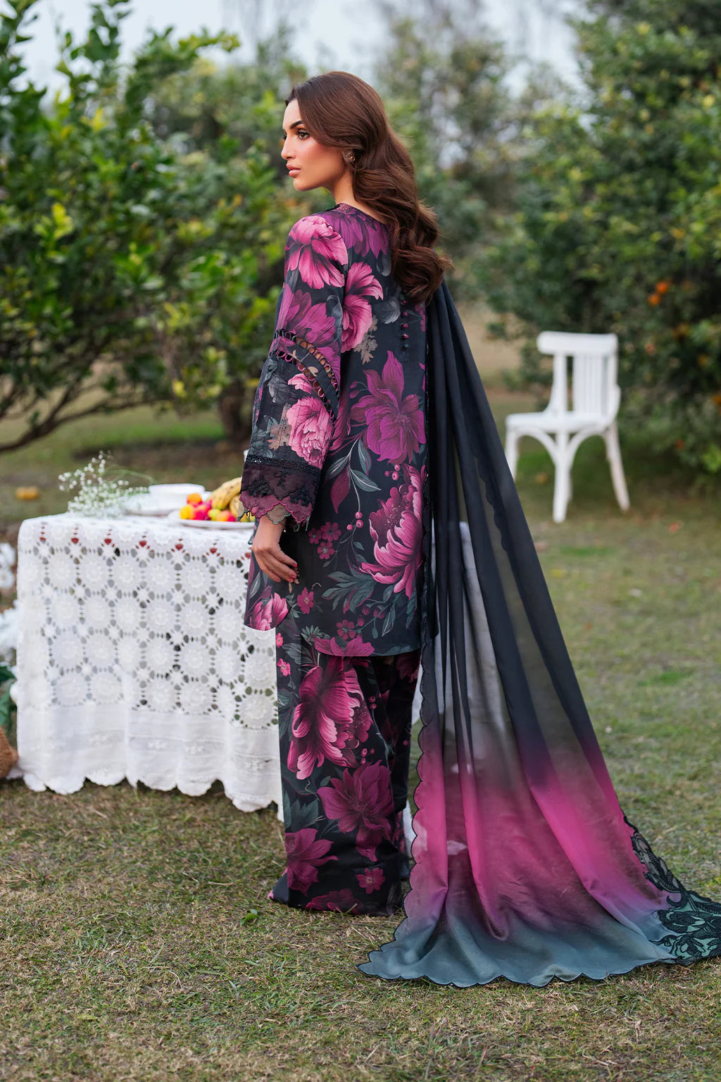 Iznik replica – printed lawn 3pc suit with embroidered neckline & sleeve laces, silk dupatta with embroidered corners – Rs. 3,950/-