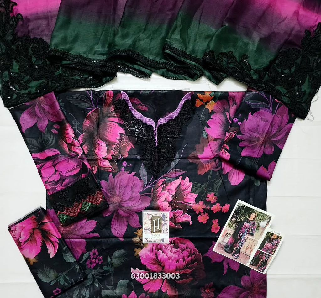 Iznik replica – printed lawn 3pc suit with embroidered neckline & sleeve laces, silk dupatta with embroidered corners – Rs. 3,950/-