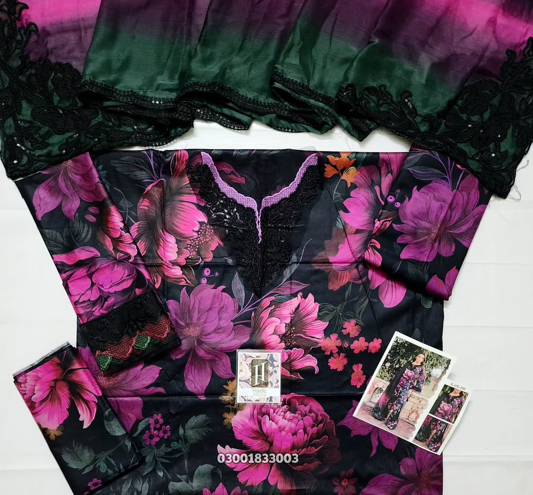 Iznik replica – printed lawn 3pc suit with embroidered neckline & sleeve laces, silk dupatta with embroidered corners – Rs. 3,950/-